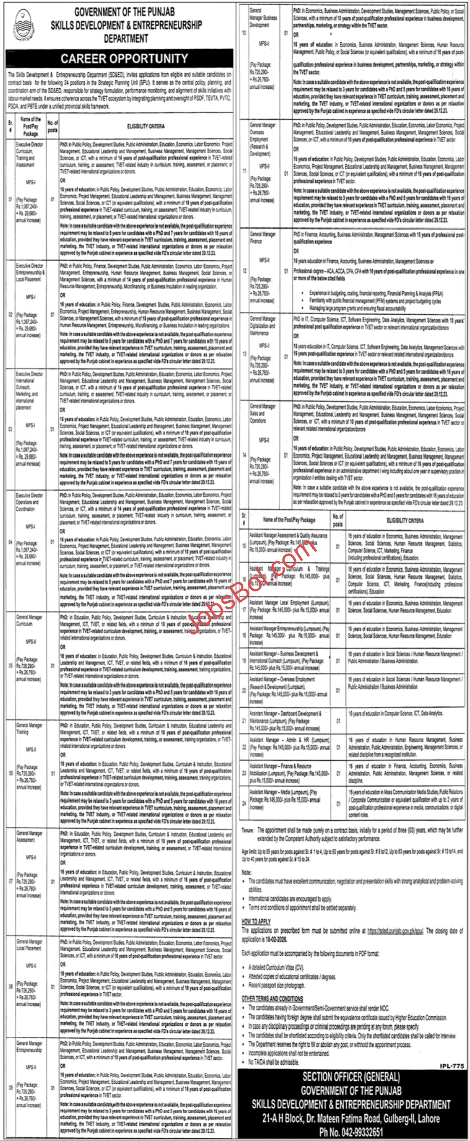 Skills Development & Enterpreneurship Department Punjab Jobs 2026 