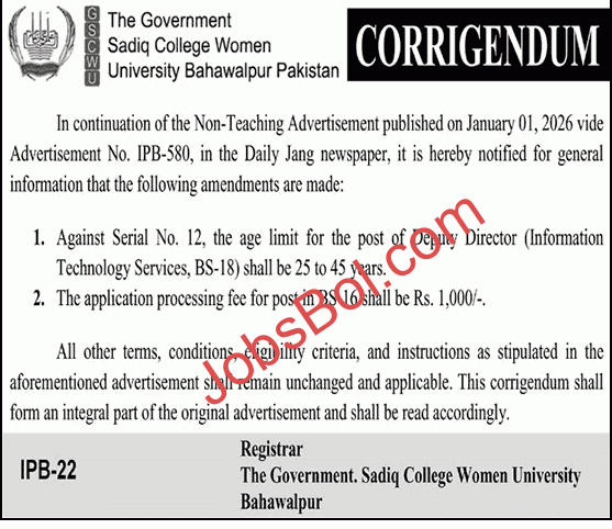 Government Sadiq College Women University Bahawalpur Jobs 2026 