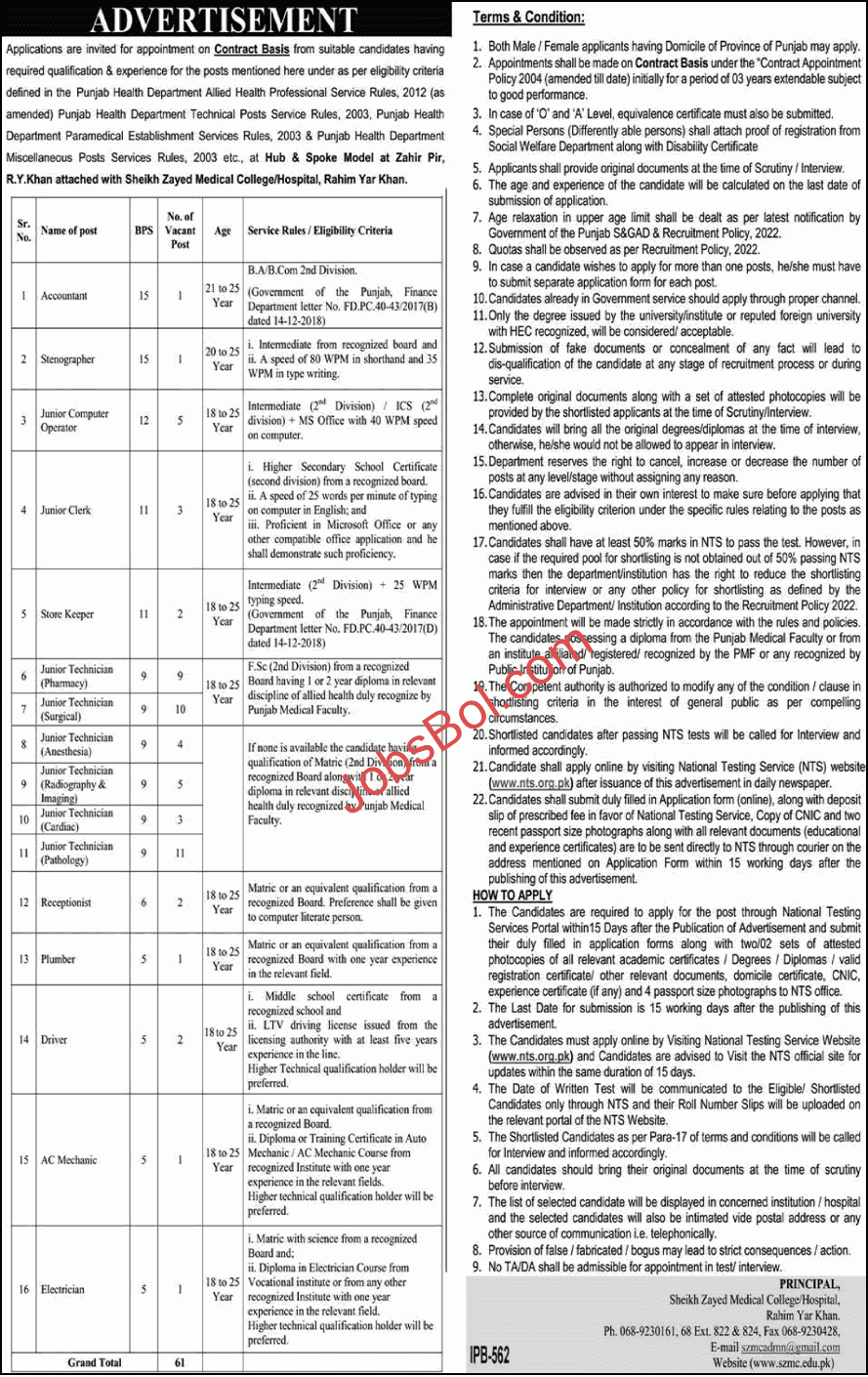 Sheikh Zayed Medical College / Hospital Rahim Yar Khan Jobs 2026 